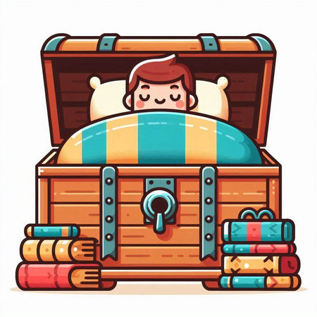 Cute little boy sleeping in a treasure chest. Vector illustration.のイラスト素材
