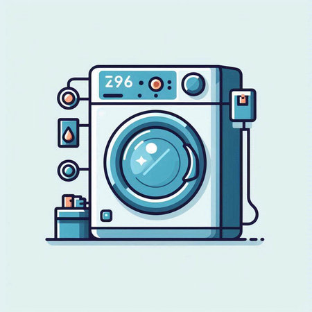 Washing machine. Vector illustration in flat linear style. Isolated on blue background.のイラスト素材