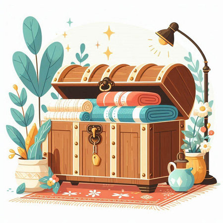 Treasure chest with books and towels. Vector illustration in cartoon style.のイラスト素材