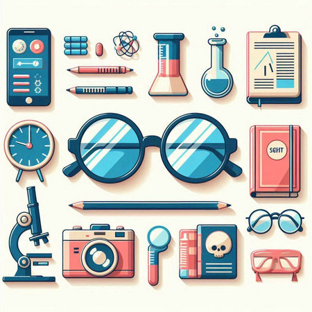 Vector set of school and education icons in flat style. Glasses, book, microscope, magnifier, magnifier, calculator, pencil, magnifying glass, notebook, pen, magnifying glass, eraser, magnifierのイラスト素材