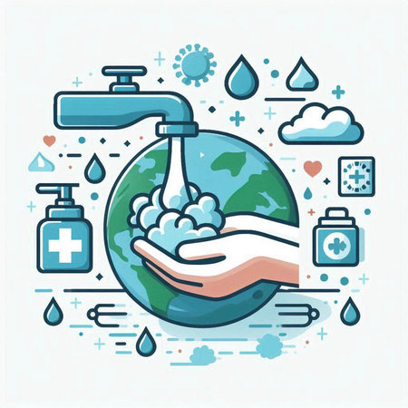 Vector illustration in flat linear style. Cleaning and disinfection of the planet.のイラスト素材
