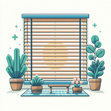 Window with blinds and plants. Vector illustration in flat style.のイラスト素材