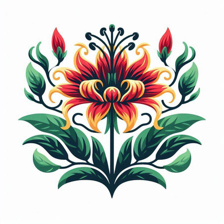 Illustration of a stylized flower with leaves on a white backgroundのイラスト素材