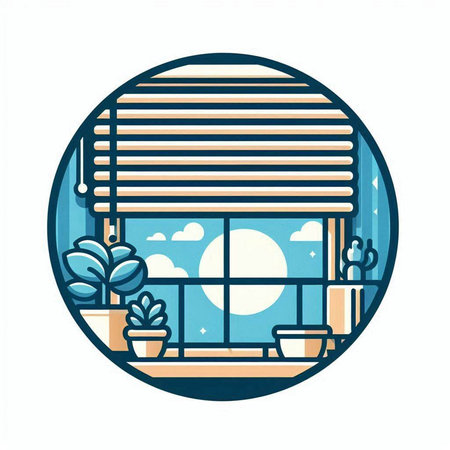 Window with blinds and plants. Vector illustration in flat style.のイラスト素材