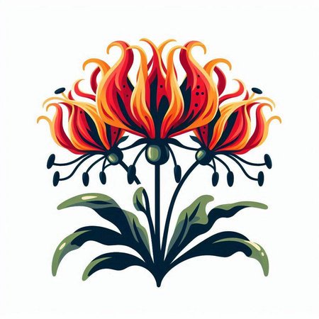 Illustration of a red flower with green leaves on a white backgroundのイラスト素材