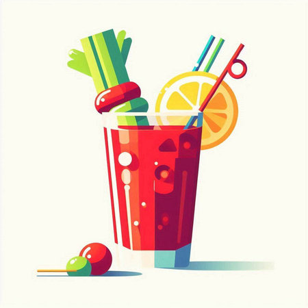 Bloody Mary cocktail in a glass with straws, lime and cherry. Vector illustrationのイラスト素材