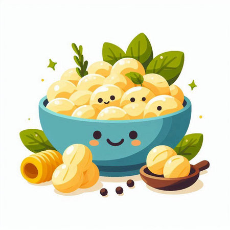 Cartoon gnocchi vector illustration. Cute gnocchi in a bowl with green leaves.のイラスト素材