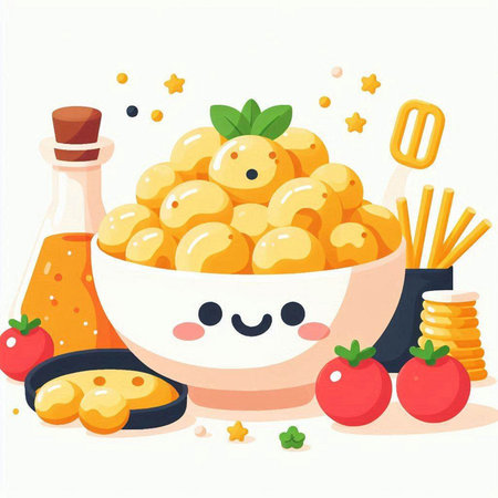 Illustration of a bowl of macaroni with kawaii faceのイラスト素材