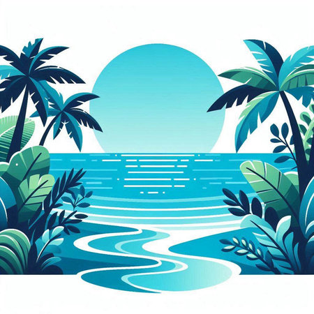 Tropical beach with palm trees and waves. Vector illustration.のイラスト素材