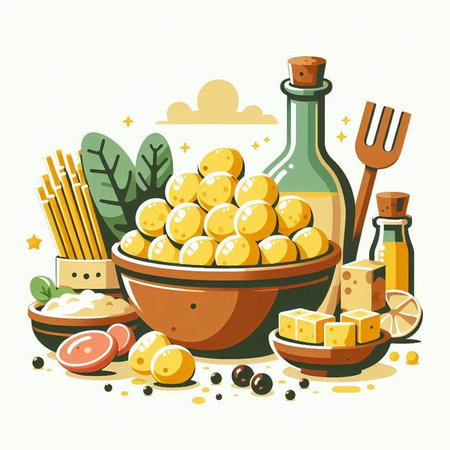 Vector illustration of a bowl with potatoes, olives, cheese and olive oil.のイラスト素材