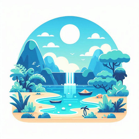 Summer landscape with mountains, trees and river. Flat style vector illustration.のイラスト素材