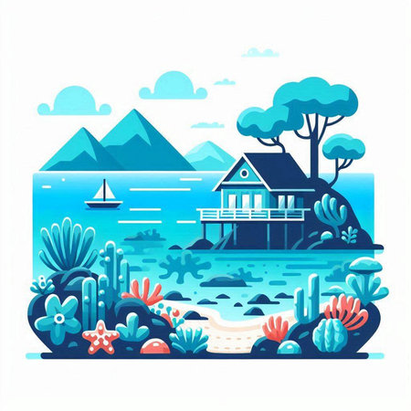 Vector illustration of sea landscape in flat style. Sea shore with corals, mountains, wooden pier and houses.のイラスト素材