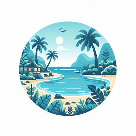 Tropical beach with palm trees in round frame. Vector illustration.のイラスト素材
