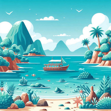 Seascape of tropical island with boat. Vector cartoon illustration.のイラスト素材