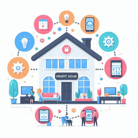 Smart home concept. Vector illustration in flat design style with icons and peopleのイラスト素材