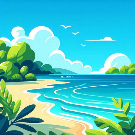 Vector illustration of seascape with blue sky and green trees.のイラスト素材