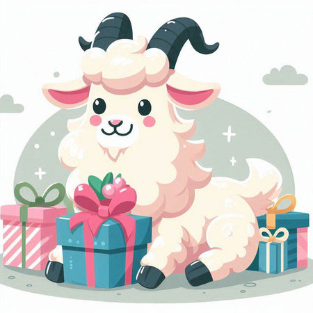 Vector illustration of a cute sheep with gift boxes on a white backgroundのイラスト素材