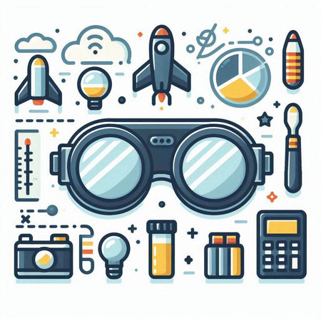 Flat line design modern vector illustration concept of virtual reality glasses, eyeglasses, lightbulb, rocket and other elements.のイラスト素材