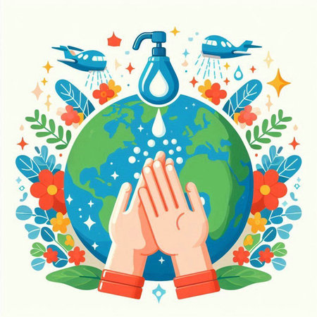 Vector illustration of hands washing the planet Earth with hand sanitizer or liquid soap.のイラスト素材