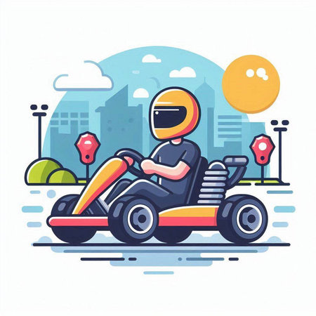 Vector illustration of a man riding a quad bike in the city.のイラスト素材