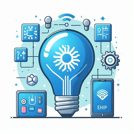 Vector illustration of electric bulb with different icons and symbols. Concept of smart technology.のイラスト素材