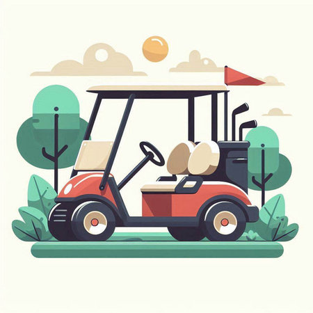 Golf cart in the golf course. Vector illustration in flat styleのイラスト素材