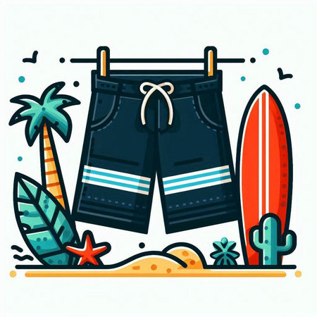 Vector illustration of shorts and surfboard on the beach. Summer vacation concept.のイラスト素材
