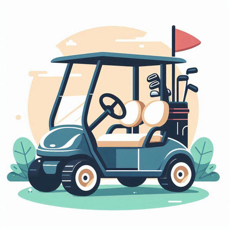Golf cart with golf balls. Vector illustration in cartoon style.のイラスト素材