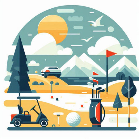 Golf club and golf cart on golf course. Vector illustration.のイラスト素材