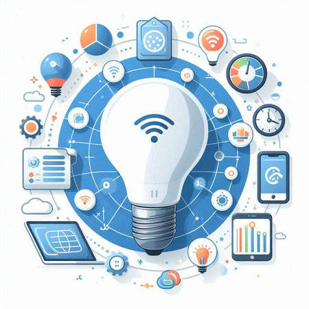 Internet of things concept with light bulb and icons. Vector illustration.のイラスト素材