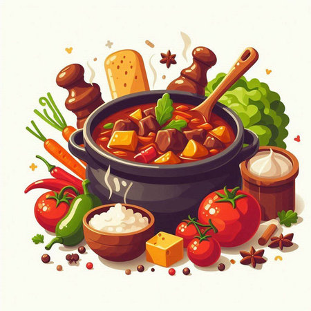 Hungarian goulash with vegetables and spices. Vector illustration.のイラスト素材