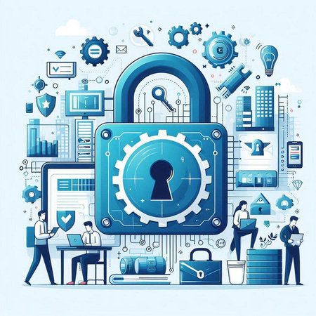 Data security concept with padlock and icons on blue background, vector illustrationのイラスト素材