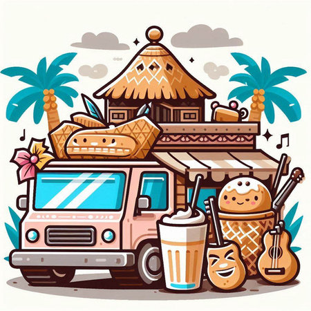Vector illustration of a retro van with food and drinks in the desert.のイラスト素材