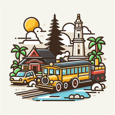 Vector illustration of vintage retro train and lighthouse on the background of the sea.のイラスト素材