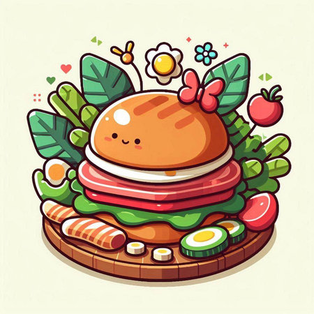 Illustration of a hamburger with vegetables and fruits on a light backgroundのイラスト素材