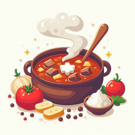 Tomato soup in a clay pot with a spoon. Vector illustration.のイラスト素材