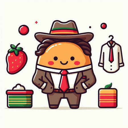 Vector illustration of cute farmer in hat and suit with fresh strawberries.のイラスト素材