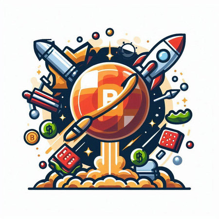 Abstract colorful illustration with spaceship, rocket, game dice, coins and other elements.のイラスト素材