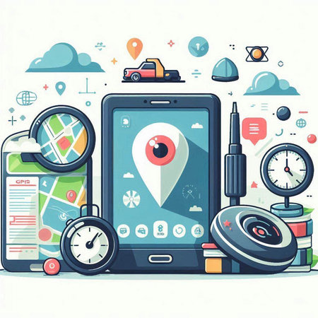Smartphone with GPS navigation application on screen. Flat vector illustration.のイラスト素材
