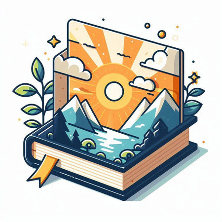 Open book with mountains and sun. Vector illustration in cartoon style.のイラスト素材