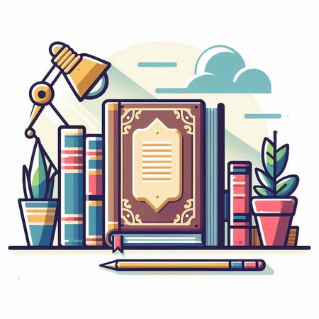 Vector illustration of a book with a bookmark, a pencil, a lamp and a houseplantのイラスト素材