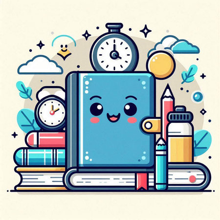 Vector illustration of cute book with clock, pencil, eraser and books in flat style.のイラスト素材