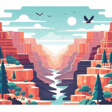 Landscape with mountains, river and forest. Vector illustration in flat styleのイラスト素材