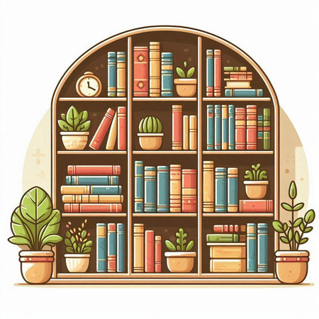Vector illustration of bookshelves with books and plants in cartoon styleのイラスト素材