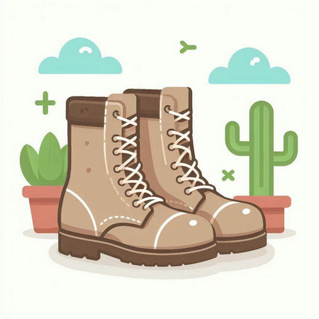 Hiking boots and cactus. Vector illustration in flat style.のイラスト素材