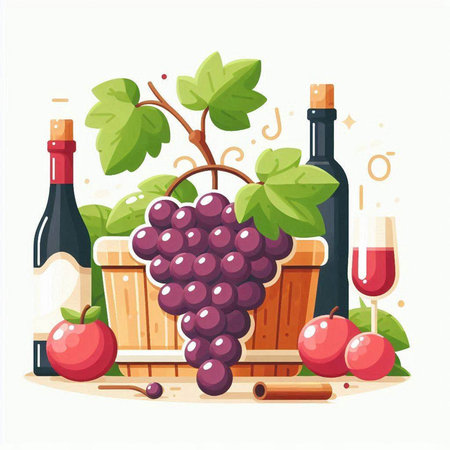 Grapes and wine bottles. Vector illustration in flat style.のイラスト素材