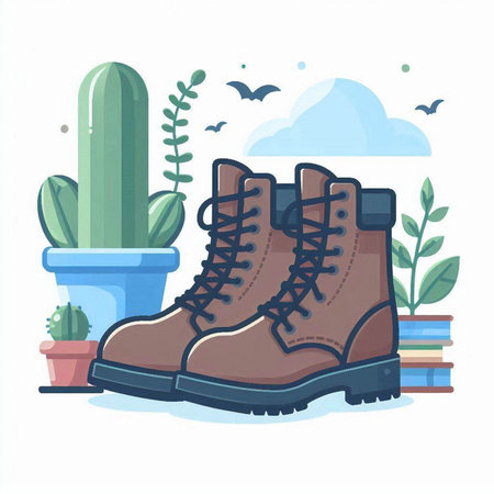 Hiking boots and cactus. Vector illustration in flat style.のイラスト素材