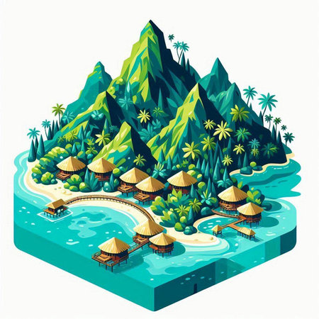 Isometric island with palm trees and bungalows. Vector illustrationのイラスト素材