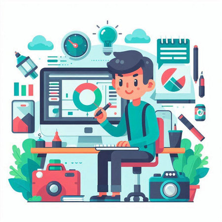 Vector illustration of a young man working at the computer. Flat designのイラスト素材