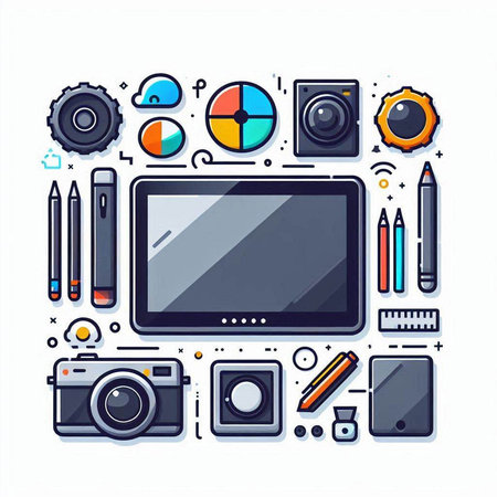 Colorful line art design of digital tablet, camera, graphic tablet, pencil, pen and other equipment. Vector illustrationのイラスト素材